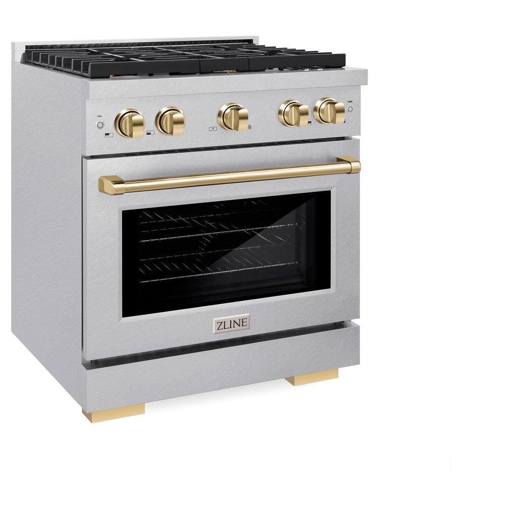 ZLINE Autograph Edition 30 in. 4.2 cu. ft. Paramount Dual Fuel Range with 4 Burner Gas Cooktop and Electric Convection Oven in DuraSnow' Stainless Steel with Polished Gold Accents (SDRSZ-30-G)