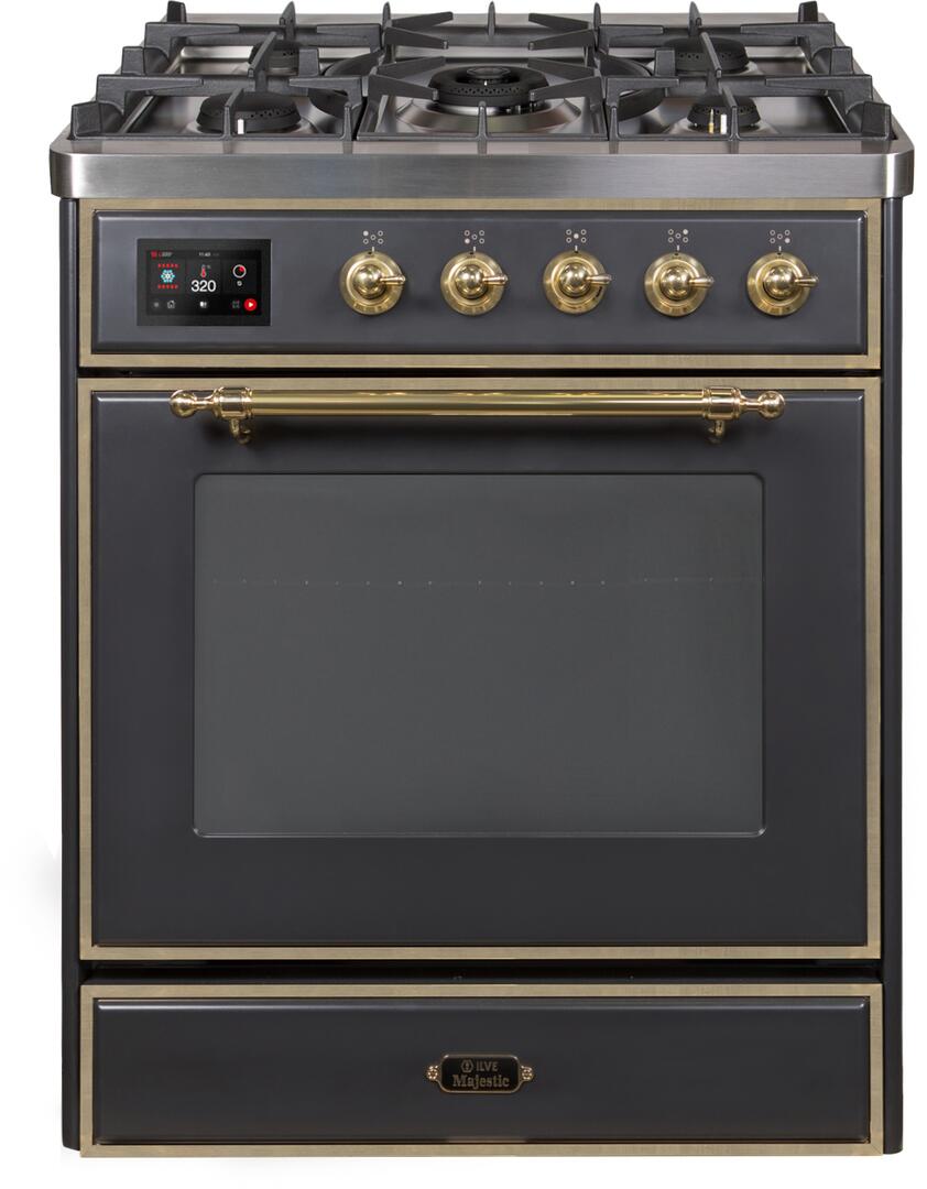 Majestic II 30 Inch Dual Fuel Liquid Propane Freestanding Range in Matte Graphite with Brass Trim