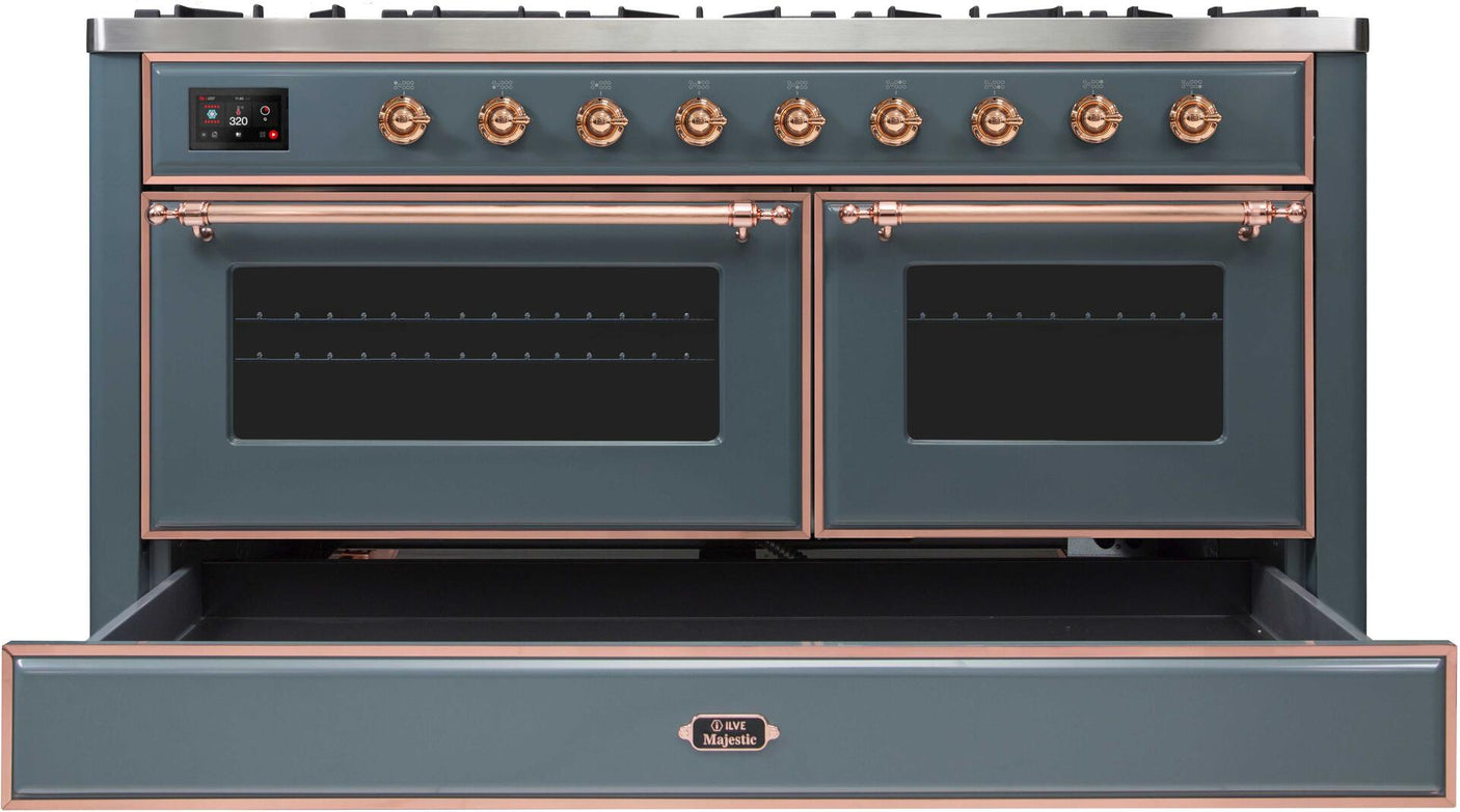 Majestic II 60 Inch Dual Fuel Natural Gas Freestanding Range in Blue Grey with Copper Trim