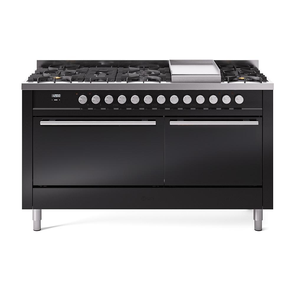 ILVE Professional Plus II 60 UP60FQMPBK Freestanding Dual Fuel Range with 9 Sealed Burners Yes Double Oven with Solid Door in Glossy Black with Stainless Steel knobs