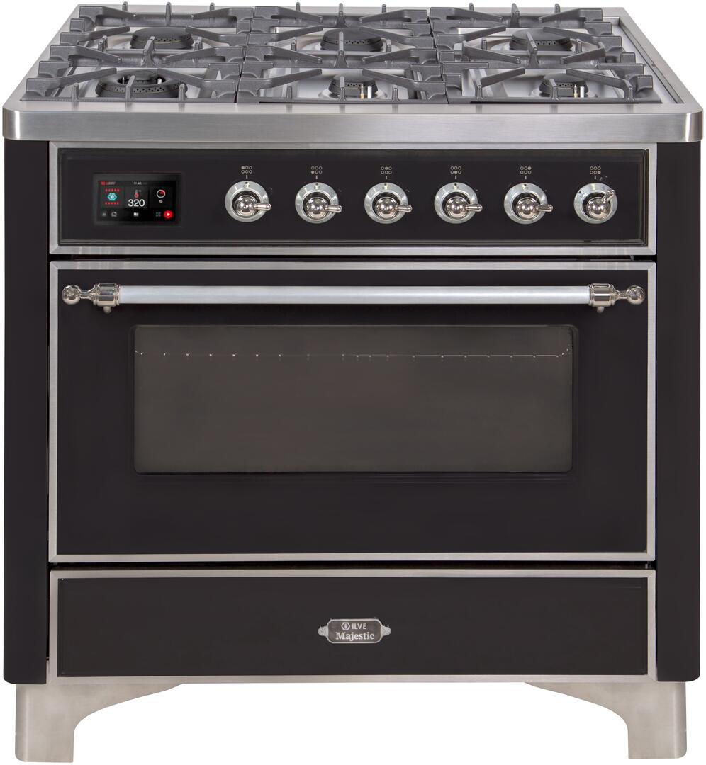 Majestic II 36 Inch Dual Fuel Liquid Propane Freestanding Range in Glossy Black with Chrome Trim