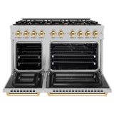 ZLINE Autograph Edition 48 in. 6.7 cu. ft. Select Double Oven Gas Range with 8 Burner Cooktop in DuraSnow' Stainless Steel and Polished Gold Accents (HGRSZ-48-G)