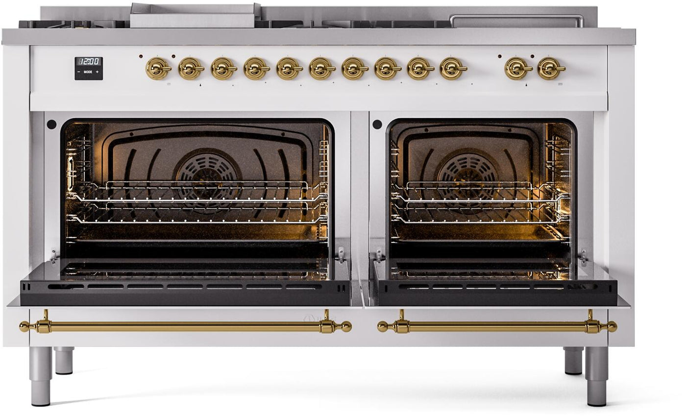 Nostalgie II 60 Inch Dual Fuel Natural Gas Freestanding Range in White with Brass Trim