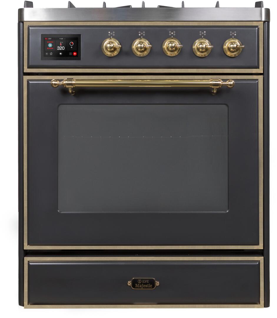 Majestic II 30 Inch Dual Fuel Liquid Propane Freestanding Range in Matte Graphite with Brass Trim