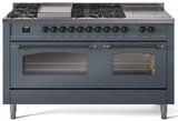 Nostalgie II 60 Inch Dual Fuel Liquid Propane Freestanding Range in Blue Grey with Bronze Trim