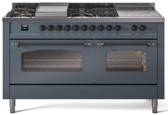 Nostalgie II 60 Inch Dual Fuel Liquid Propane Freestanding Range in Blue Grey with Bronze Trim