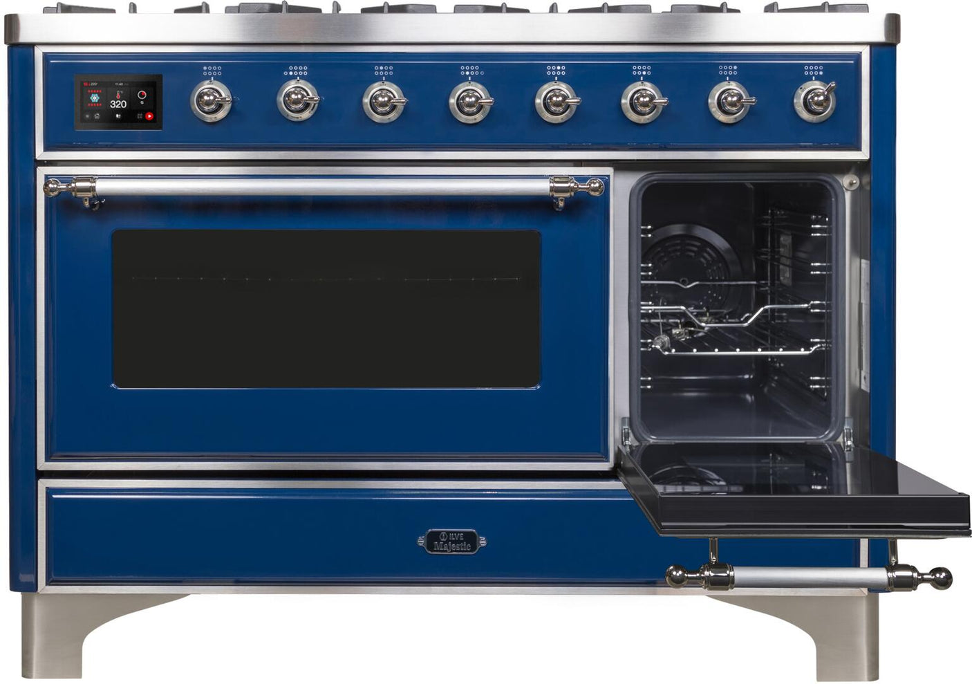 Majestic II 48 Inch Dual Fuel Natural Gas Freestanding Range in Blue with Chrome Trim