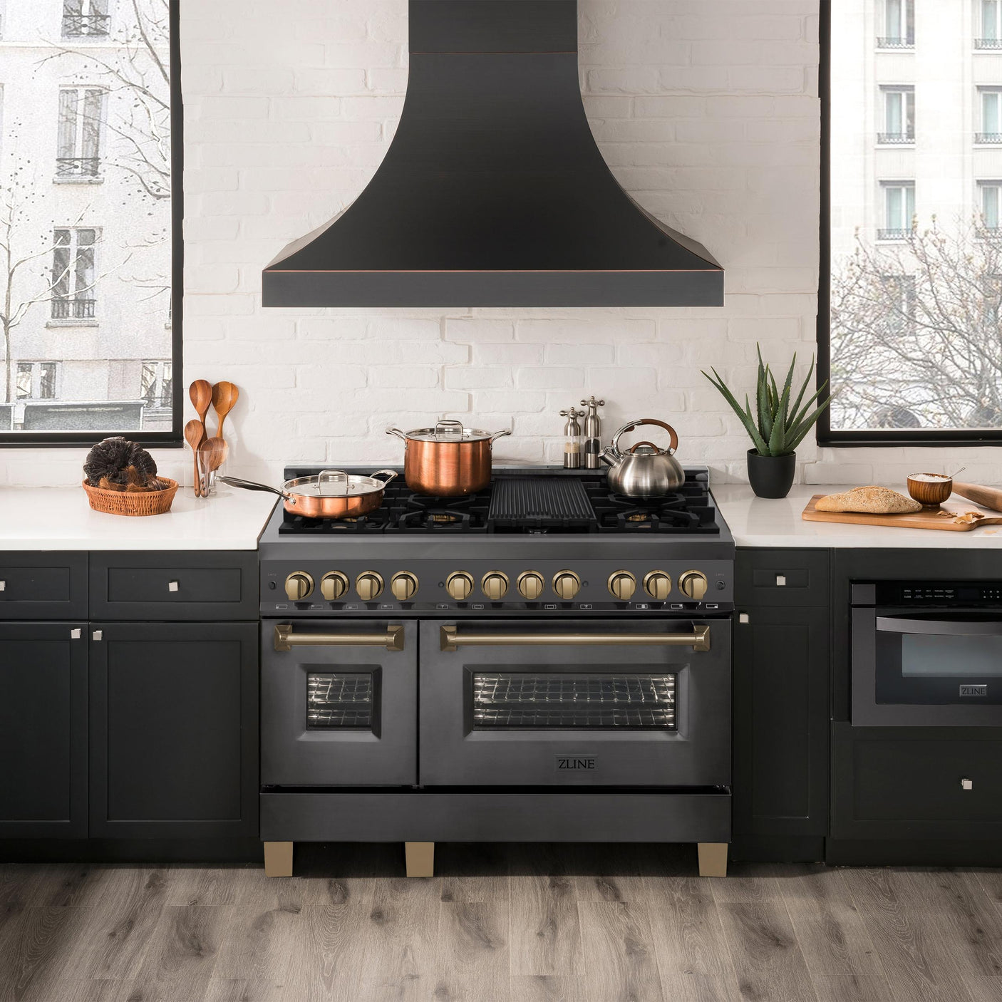 ZLINE Autograph Edition 48" 6.0 cu. ft. Dual Fuel Range with Gas Stove and Electric Oven in Black Stainless Steel with Accents (RABZ-48) [Color: Champagne Bronze]