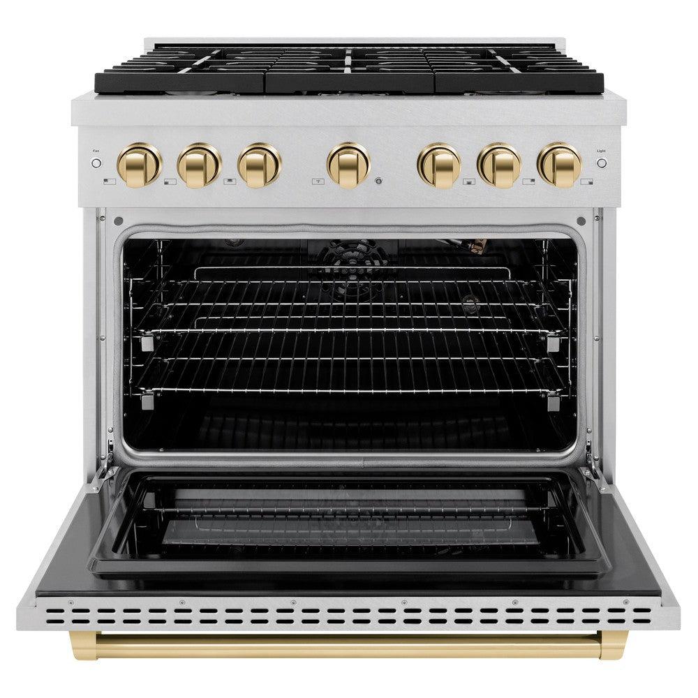 ZLINE Autograph Edition 36 in. 5.2 cu. ft. Paramount Dual Fuel Range with 6 Burner Gas Cooktop and Electric Convection Oven in DuraSnow' Stainless Steel with Polished Gold Accents (SDRSZ-36-G)