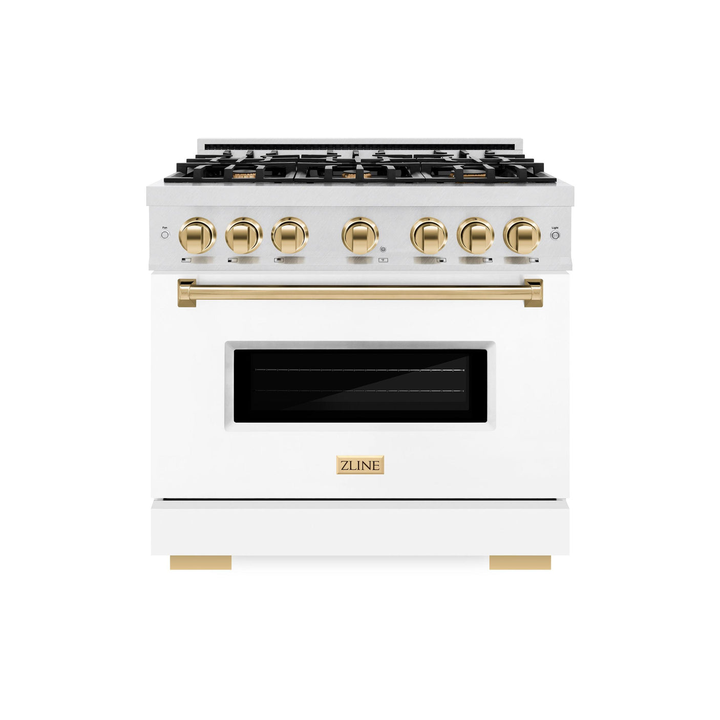 ZLINE Autograph Edition 36 in. 5.2 cu. ft. Classic Gas Range with 6 Burner Cooktop and Convection Gas Oven in DuraSnow' Stainless Steel with White Matte Door and Polished Gold Accents (CGRSZ-WM-36-G)