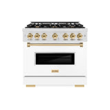 ZLINE Autograph Edition 36 in. 5.2 cu. ft. Classic Gas Range with 6 Burner Cooktop and Convection Gas Oven in DuraSnow' Stainless Steel with White Matte Door and Polished Gold Accents (CGRSZ-WM-36-G)