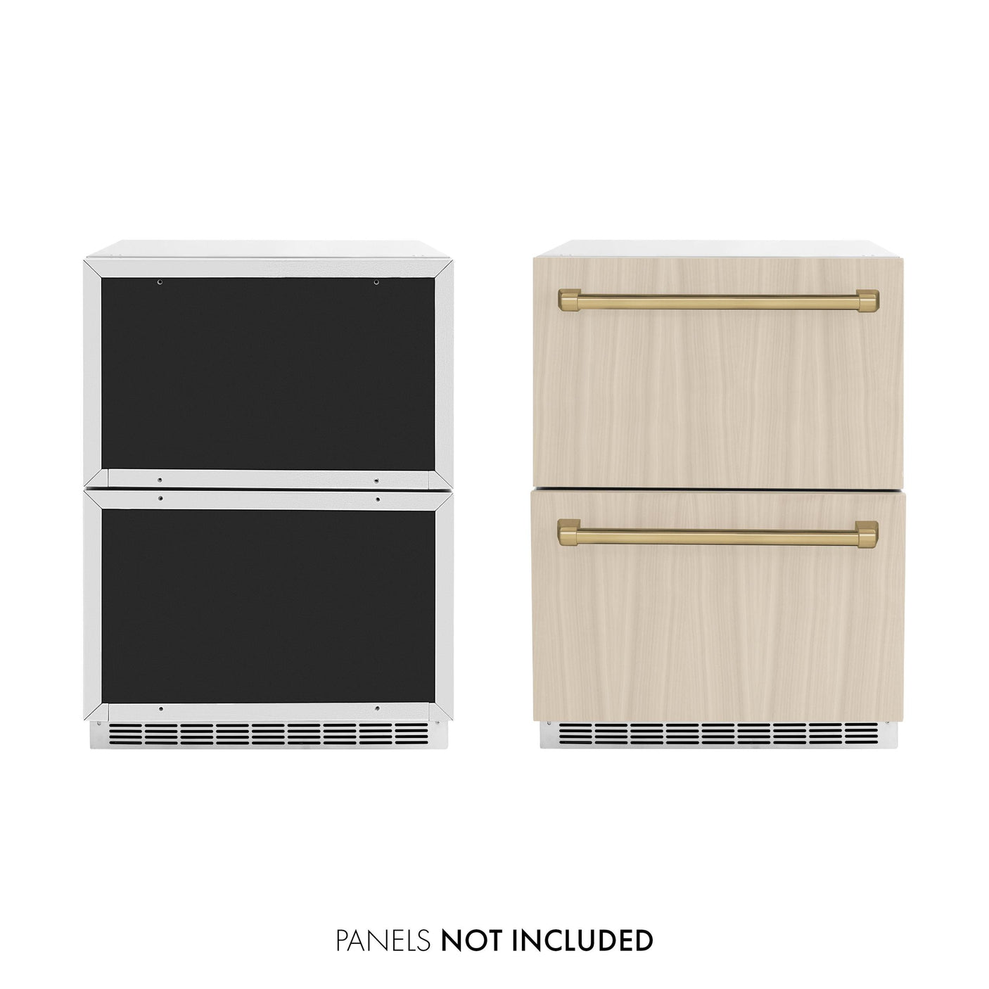 ZLINE Autograph Edition 24 in. Touchstone 168 Can Outdoor-Rated Dual Refrigerator Drawer with Panel-Ready Doors and Champagne Bronze Handles (RDSPOZ-24-CB)