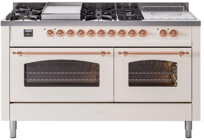 Nostalgie II 60 Inch Dual Fuel Liquid Propane Freestanding Range in Antique White with Copper Trim