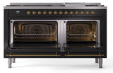 Nostalgie II 60 Inch Dual Fuel Liquid Propane Freestanding Range in Glossy Black with Brass Trim