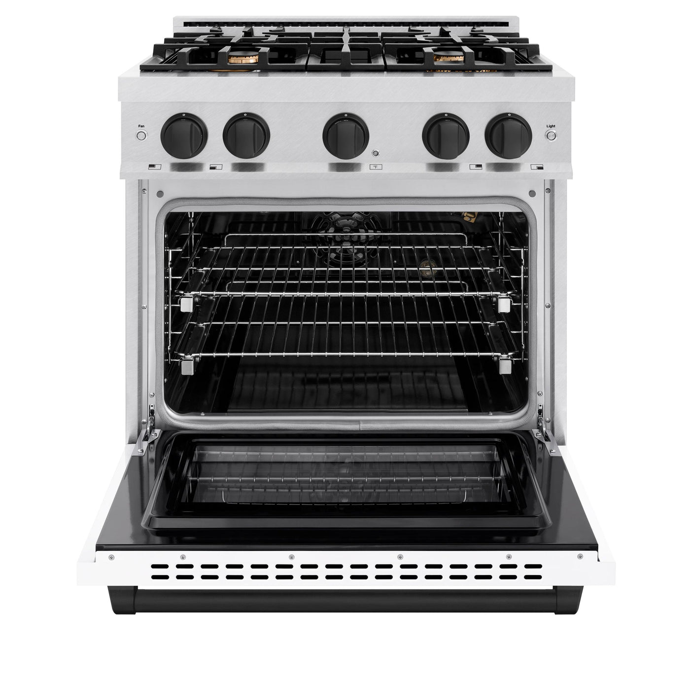 ZLINE Autograph Edition 30 in. 4.2 cu. ft. Select Gas Range with 4 Burner Cooktop and Convection Gas Oven in DuraSnow' Stainless Steel with White Matte Door and Matte Black Accents (HGRSZ-WM-30-MB)