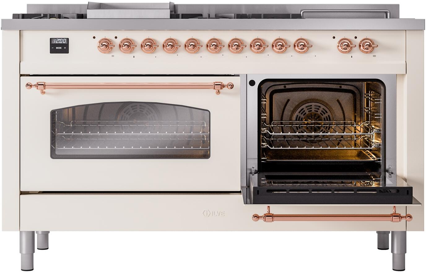 Nostalgie II 60 Inch Dual Fuel Natural Gas Freestanding Range in Antique White with Copper Trim