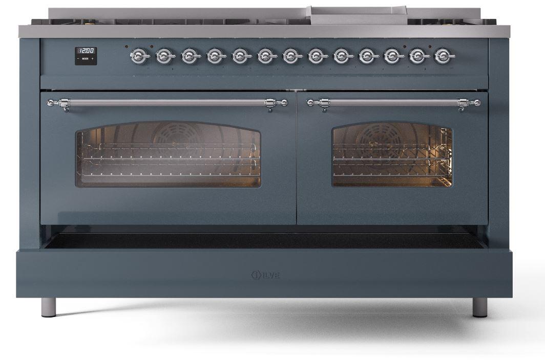 Nostalgie II 60 Inch Dual Fuel Natural Gas Freestanding Range in Blue Grey with Chrome Trim