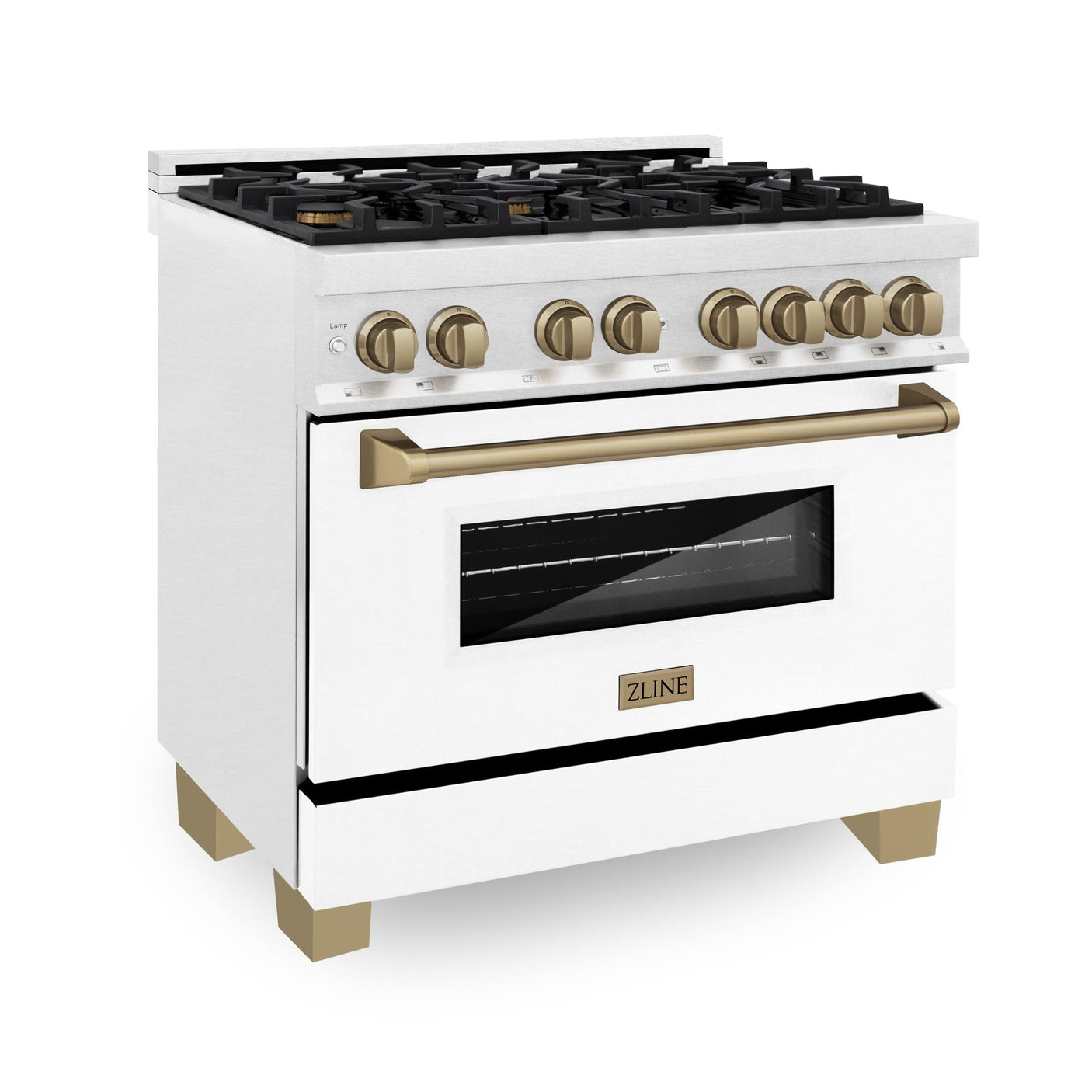 ZLINE Autograph Edition 36" 4.6 cu. ft. Dual Fuel Range with Gas Stove and Electric Oven in DuraSnow Stainless Steel with White Matte Door and Accents (RASZ-WM-36) [Color: Champagne Bronze]