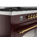 Nostalgie II 60 Inch Dual Fuel Natural Gas Freestanding Range in Burgundy with Brass Trim