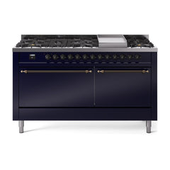 ILVE Nostalgie II 60 UP60FQNMPMBB Freestanding Dual Fuel Range with 9 Sealed Burners Yes Double Oven with Solid Door in Midnight Blue with Bronze knobs