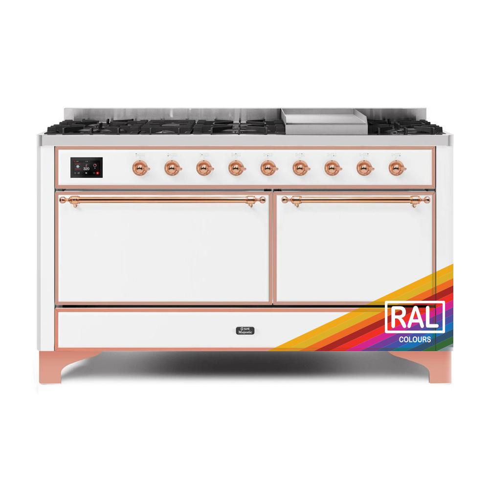 ILVE Majestic II 60 UM15FDQNS3RAP Freestanding Dual Fuel Range with 9 Sealed Burners Yes Double Oven with Solid Door in RAL Color with Copper knobs