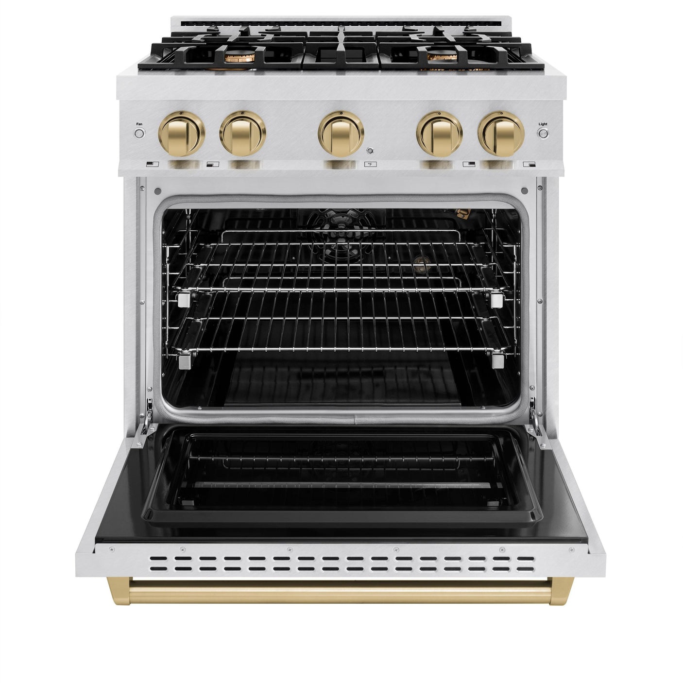 ZLINE Autograph Edition 30 in. 4.2 cu. ft. Classic Gas Range with 4 Burner Cooktop and Convection Gas Oven in DuraSnow' Stainless Steel and Champagne Bronze Accents (CGRSZ-30-CB)