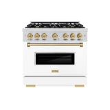 ZLINE Autograph Edition 36 in. 5.2 cu. ft. Classic Gas Range with 6 Burner Cooktop and Convection Gas Oven in Stainless Steel with White Matte Door and Champagne Bronze Accents (CGRZ-WM-36-CB)