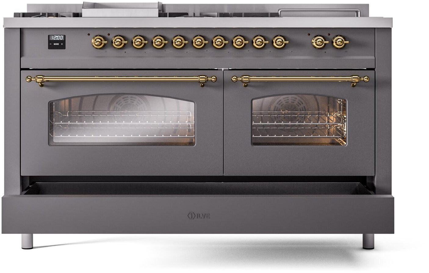 Nostalgie II 60 Inch Dual Fuel Natural Gas Freestanding Range in Matte Graphite with Brass Trim