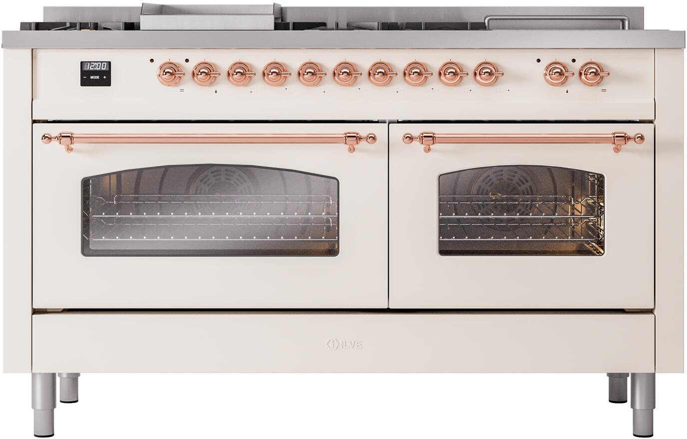 Nostalgie II 60 Inch Dual Fuel Natural Gas Freestanding Range in Antique White with Copper Trim