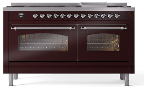 Nostalgie II 60 Inch Dual Fuel Liquid Propane Freestanding Range in Burgundy with Chrome Trim