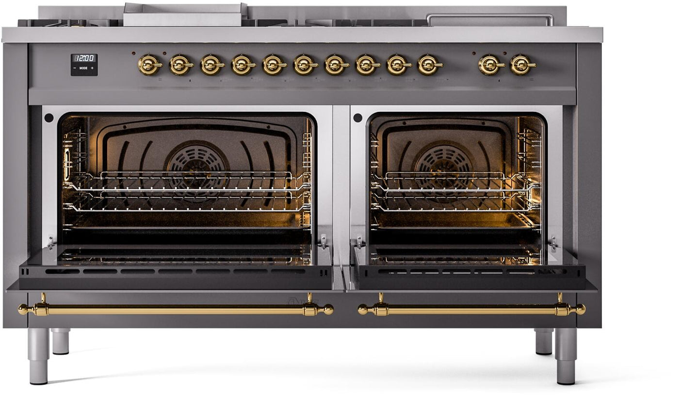 Nostalgie II 60 Inch Dual Fuel Natural Gas Freestanding Range in Matte Graphite with Brass Trim