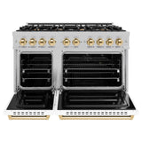 ZLINE Autograph Edition 48 in. 6.7 cu. ft. Classic Double Oven Dual Fuel Range with 8 Burner Gas Cooktop in DuraSnow' Stainless Steel with White Matte Doors and Polished Gold Accents (CDRSZ-WM-48-G)