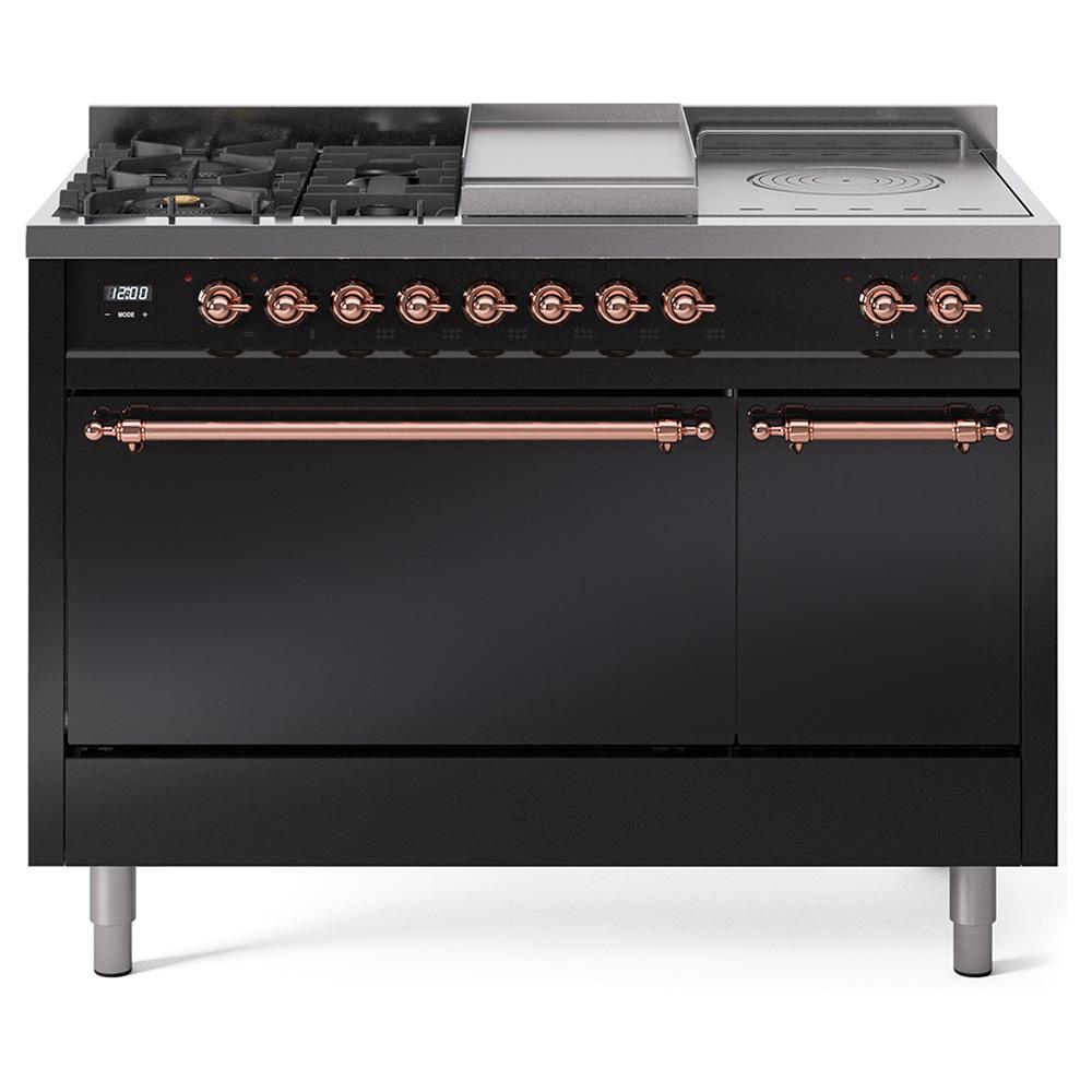 ILVE Nostalgie II 48 UP48FSQNMPBKP Freestanding Dual Fuel Range with 5 Sealed Burners Yes and French Top Double Oven with Solid Door in Glossy Black with Copper knobs