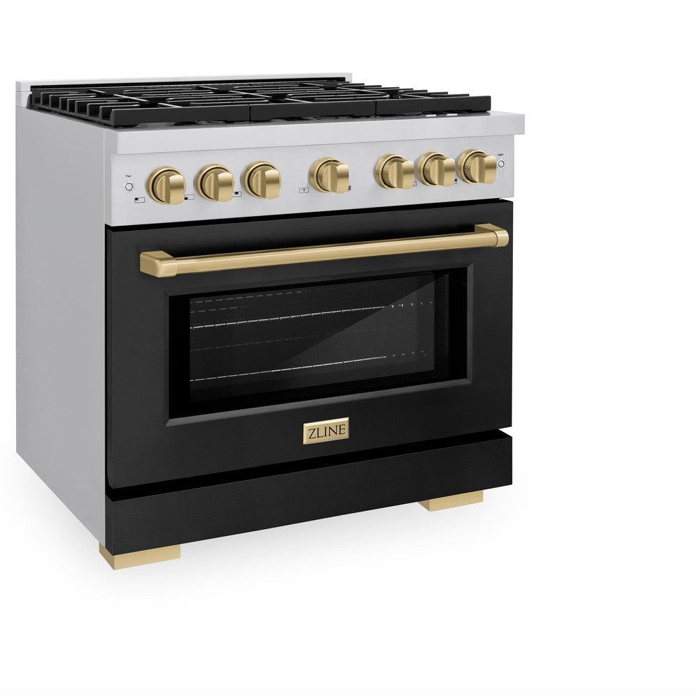 ZLINE Autograph Edition 36 in. 5.2 cu. ft. Paramount Dual Fuel Range with 6 Burner Gas Cooktop and Electric Convection Oven in Stainless Steel with Black Matte Door and Champagne Bronze Accents (SDRZ-BLM-36-CB)