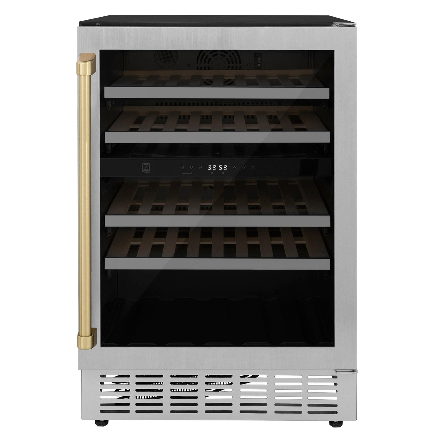 ZLINE 24" Autograph Edition Dual Zone 44-Bottle Wine Cooler in Stainless Steel with Wood Shelf and Champagne Bronze Accents (RWVZ-UD-24-CB)