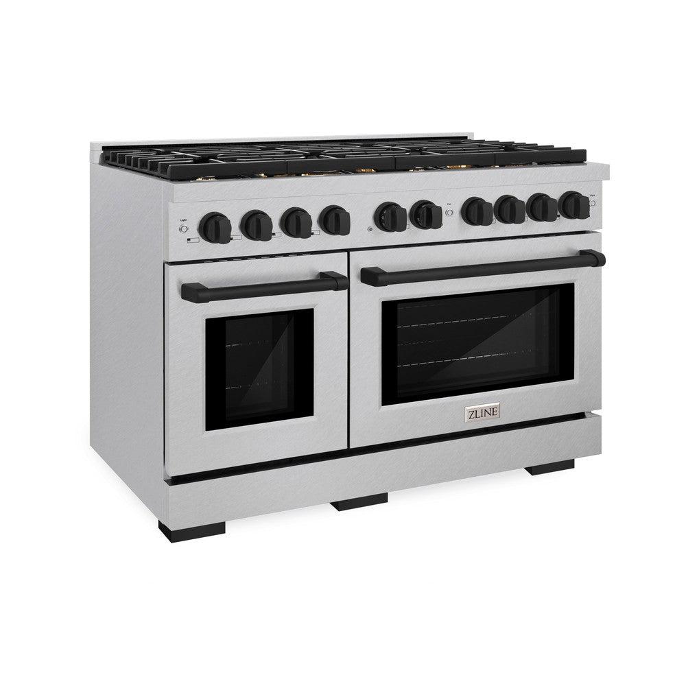 ZLINE Autograph Edition 48 in. 6.7 cu. ft. Paramount Double Oven Dual Fuel Range with 8 Burner Gas Cooktop in DuraSnow' Stainless Steel and Matte Black Accents (SDRSZ-48-MB)