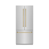 ZLINE Autograph Edition 36 in. 19.6 cu. ft. French Door Built-In Bottom Freezer Refrigerator with Water Dispenser and Ice Maker in Stainless Steel with Graphite Gray Interior and Polished Gold Accents (GRBIVZ-304-36G)