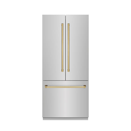 ZLINE Autograph Edition 36 in. 19.6 cu. ft. French Door Built-In Bottom Freezer Refrigerator with Water Dispenser and Ice Maker in Stainless Steel with Graphite Gray Interior and Polished Gold Accents (GRBIVZ-304-36G)