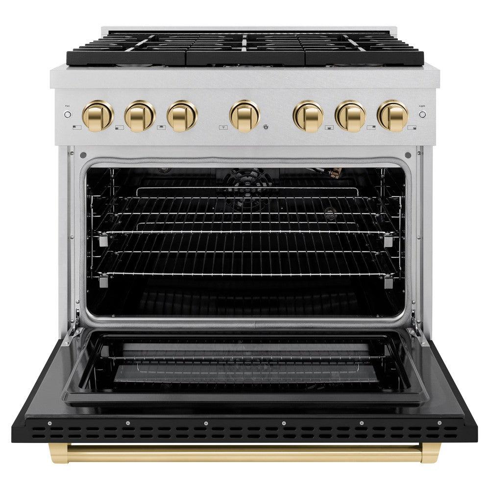 ZLINE Autograph Edition 36 in. 5.2 cu. ft. Paramount Dual Fuel Range with 6 Burner Gas Cooktop and Electric Convection Oven in DuraSnow' Stainless Steel with Black Matte Door and Polished Gold Accents (SDRSZ-BLM-36-G)