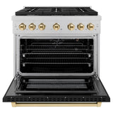 ZLINE Autograph Edition 36 in. 5.2 cu. ft. Paramount Dual Fuel Range with 6 Burner Gas Cooktop and Electric Convection Oven in DuraSnow' Stainless Steel with Black Matte Door and Polished Gold Accents (SDRSZ-BLM-36-G)