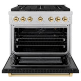 ZLINE Autograph Edition 36 in. 5.2 cu. ft. Paramount Gas Range with 6 Burner Cooktop and Convection Gas Oven in DuraSnow' Stainless Steel with Black Matte Door and Polished Gold Accents (SGRSZ-BLM-36-G)