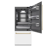 ZLINE Autograph Edition 36 in. 19.8 cu. ft. Built-In Bottom Freezer Refrigerator with Water Dispenser and Ice Maker in White Matte with Graphite Gray Interior and Champagne Bronze Accents (GRBITZ-WM-36-CB)