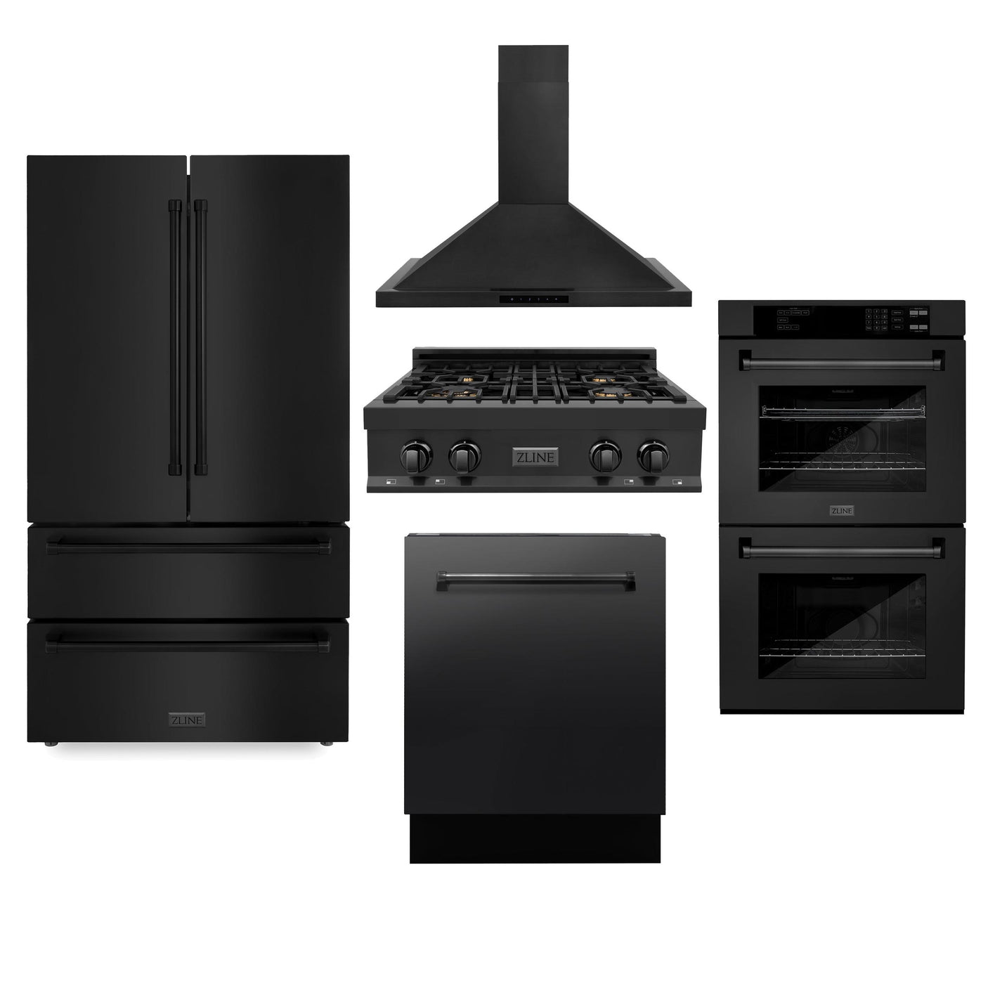 ZLINE Kitchen Package with Refrigeration, 48" Black Stainless Steel Gas Range, 48" Convertible Vent Range Hood, 30" Double Wall Ovens, and 24" Tall Tub Dishwasher (5KPR-RTBRH30-AWDDWV)