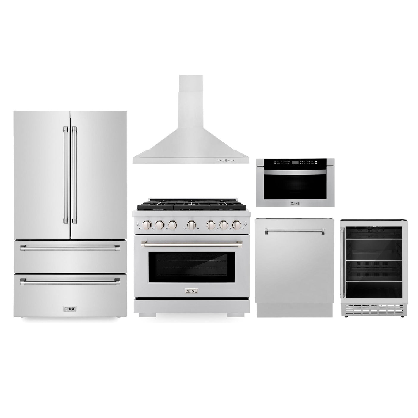 ZLINE Kitchen Package with Refrigeration, 36" Stainless Steel Gas Range, 36" Range Hood, Microwave Drawer, 24" Tall Tub Dishwasher and Beverage Fridge (6KPR-SGRRH36-MWDWV-RBV)