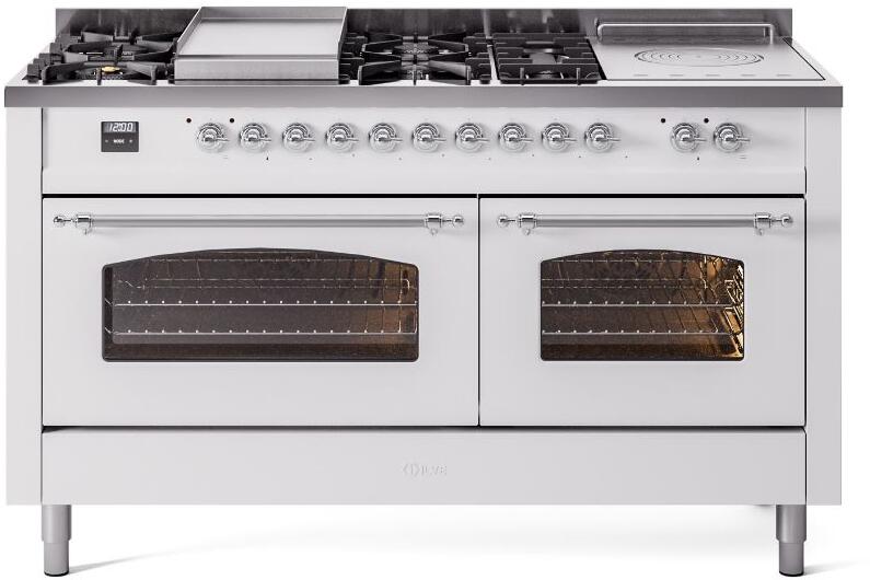 Nostalgie II 60 Inch Dual Fuel Liquid Propane Freestanding Range in White with Chrome Trim