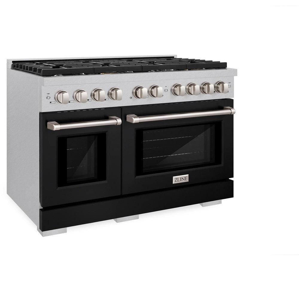 ZLINE 48 in. 6.7 cu. ft. Paramount Double Oven Dual Fuel Range with 8 Burner Gas Cooktop in DuraSnow' Stainless Steel with Black Matte Doors (SDRS-BLM-48)