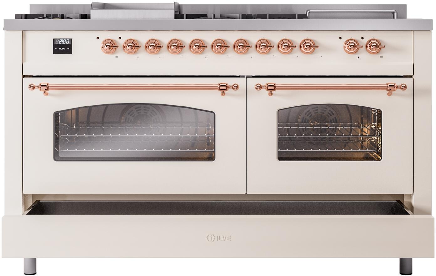 Nostalgie II 60 Inch Dual Fuel Natural Gas Freestanding Range in Antique White with Copper Trim