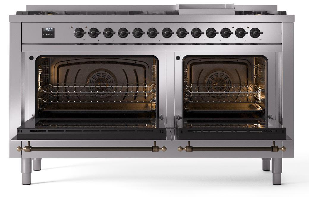 Nostalgie II 60 Inch Dual Fuel Natural Gas Freestanding Range in Stainless Steel with Bronze Trim