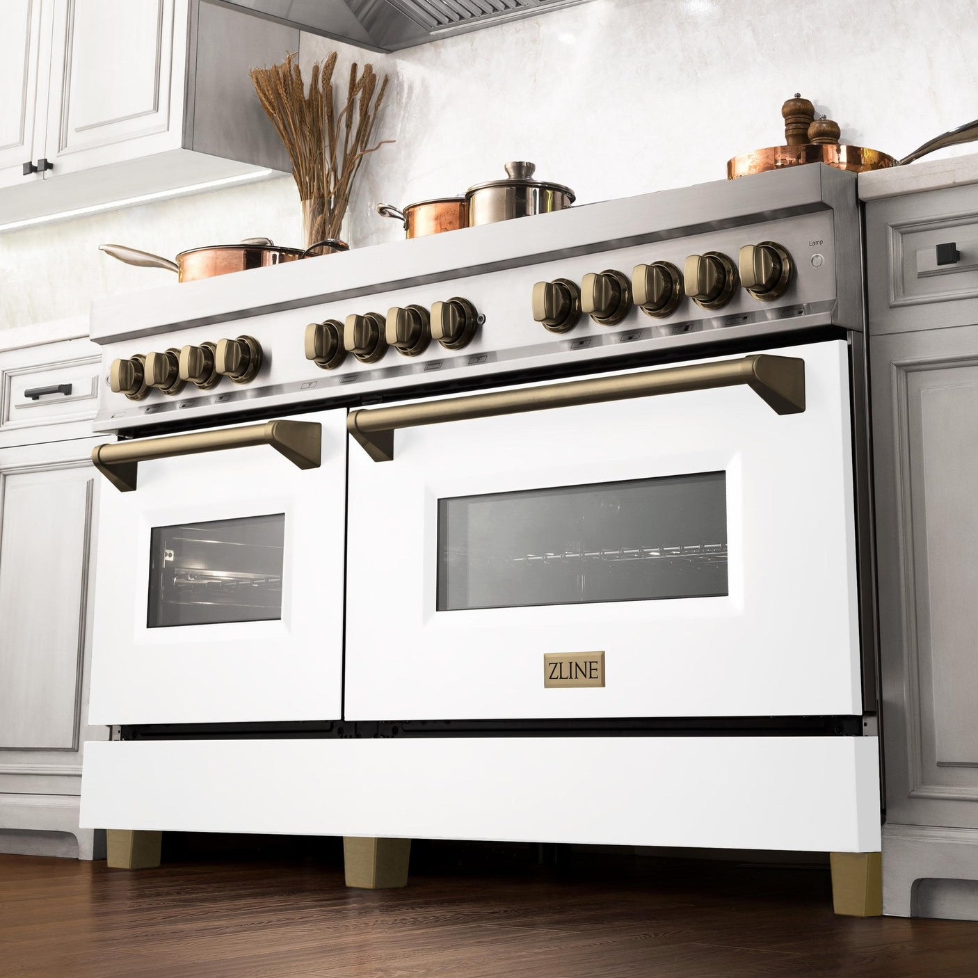 ZLINE Autograph Edition 60" 7.4 cu. ft. Dual Fuel Range with Gas Stove and Electric Oven in Stainless Steel with White Matte Door and Accents (RAZ-WM-60) [Color: Champagne Bronze]