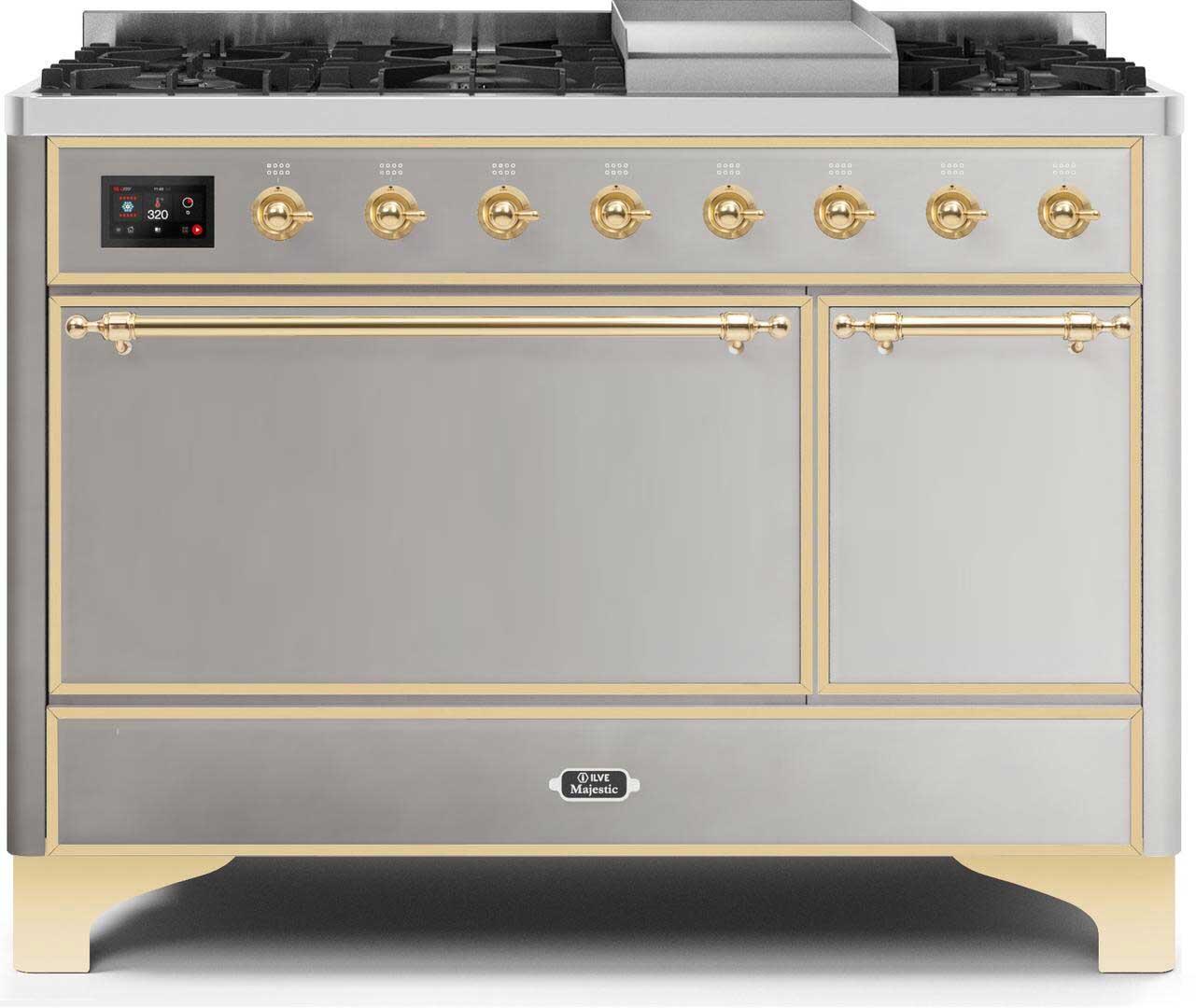 Majestic II 48 Inch Dual Fuel Natural Gas Freestanding Range in Stainless Steel with Brass Trim